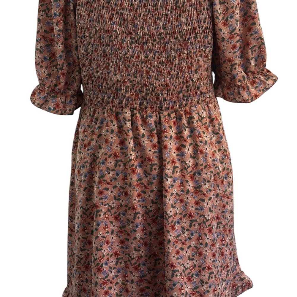 Allegra K 1X Floral Smocked Midi Dress – Cottagecore Puff Sleeve Fall Dress - Picture 3 of 12